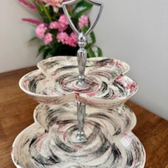 Vintage MCM California Pottery 2-Tiered Stand and Covered Serving Dish – Retro C - Picture 2 of 7